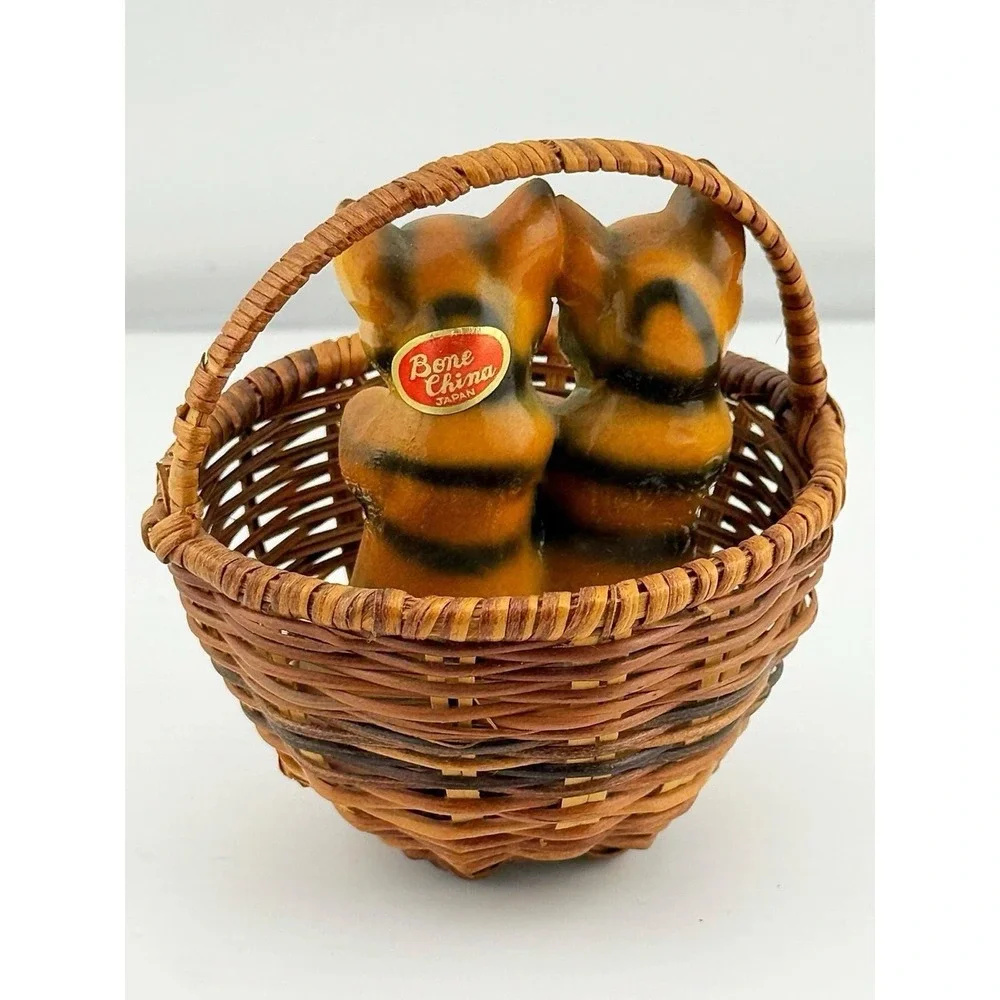 Vintage Bone China Japan Kittens In Rattan Woven Basket. Decorative Piece